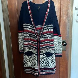 Free People long cardigan navy red white Christmas holiday winter sweater